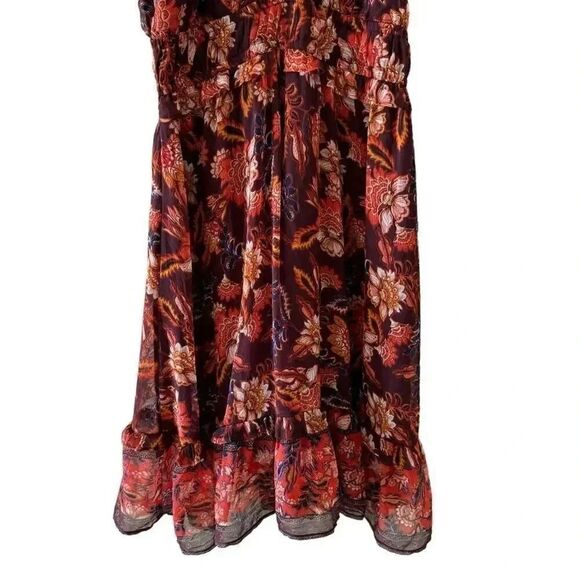 Old Navy Dress  Defined  Waist Chiffon Ruffle Midi Red Orange Floral LP #2208 - Picture 4 of 16